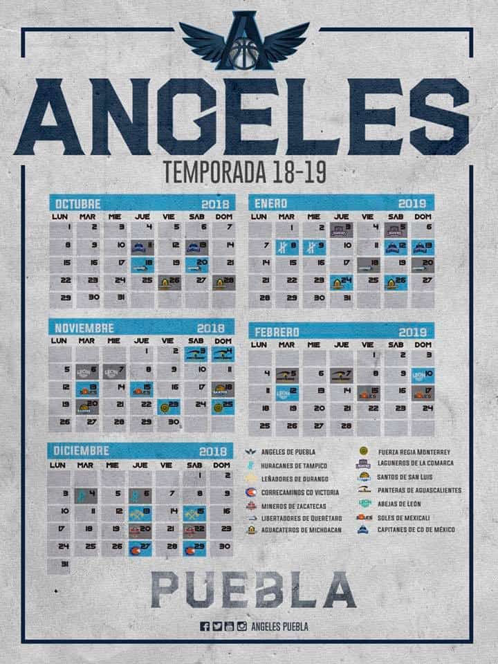 Calendario oficial de la temporada 2018 - 2019 para Ángeles de Puebla.